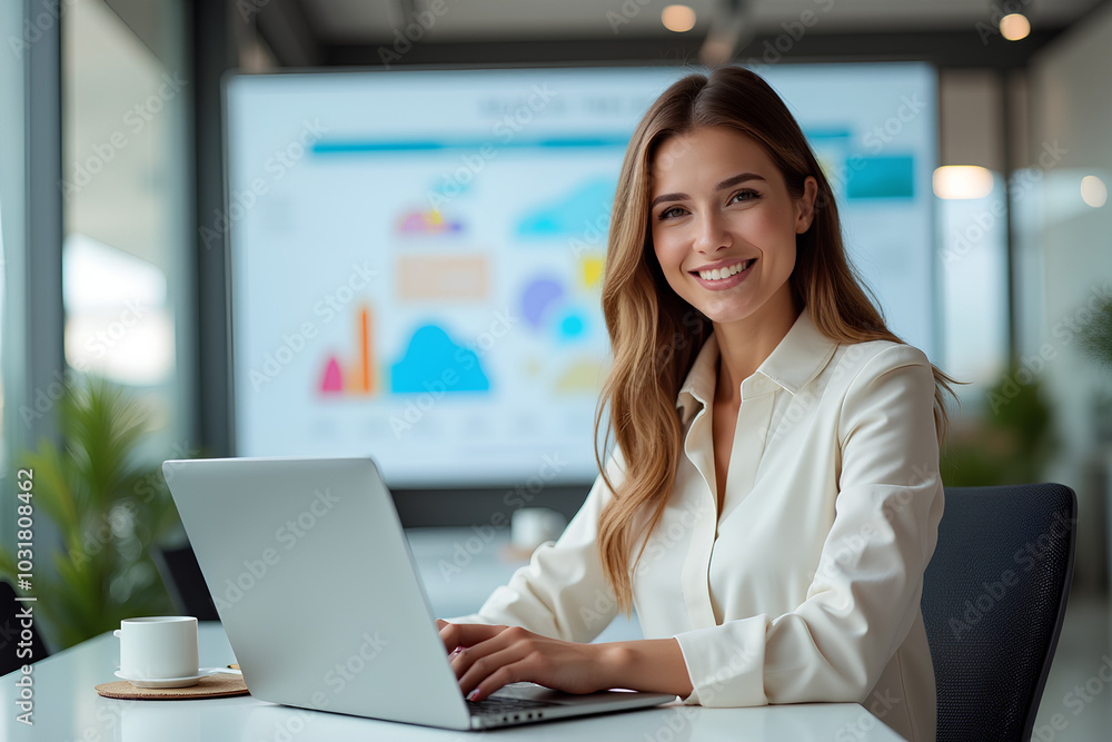pretty business woman sitting at laptop and smiling pretty business woman sitting at laptop and smiling