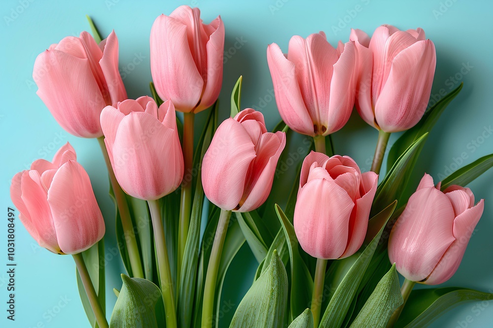 Fototapeta premium A bouquet of pink tulips against a blue wall