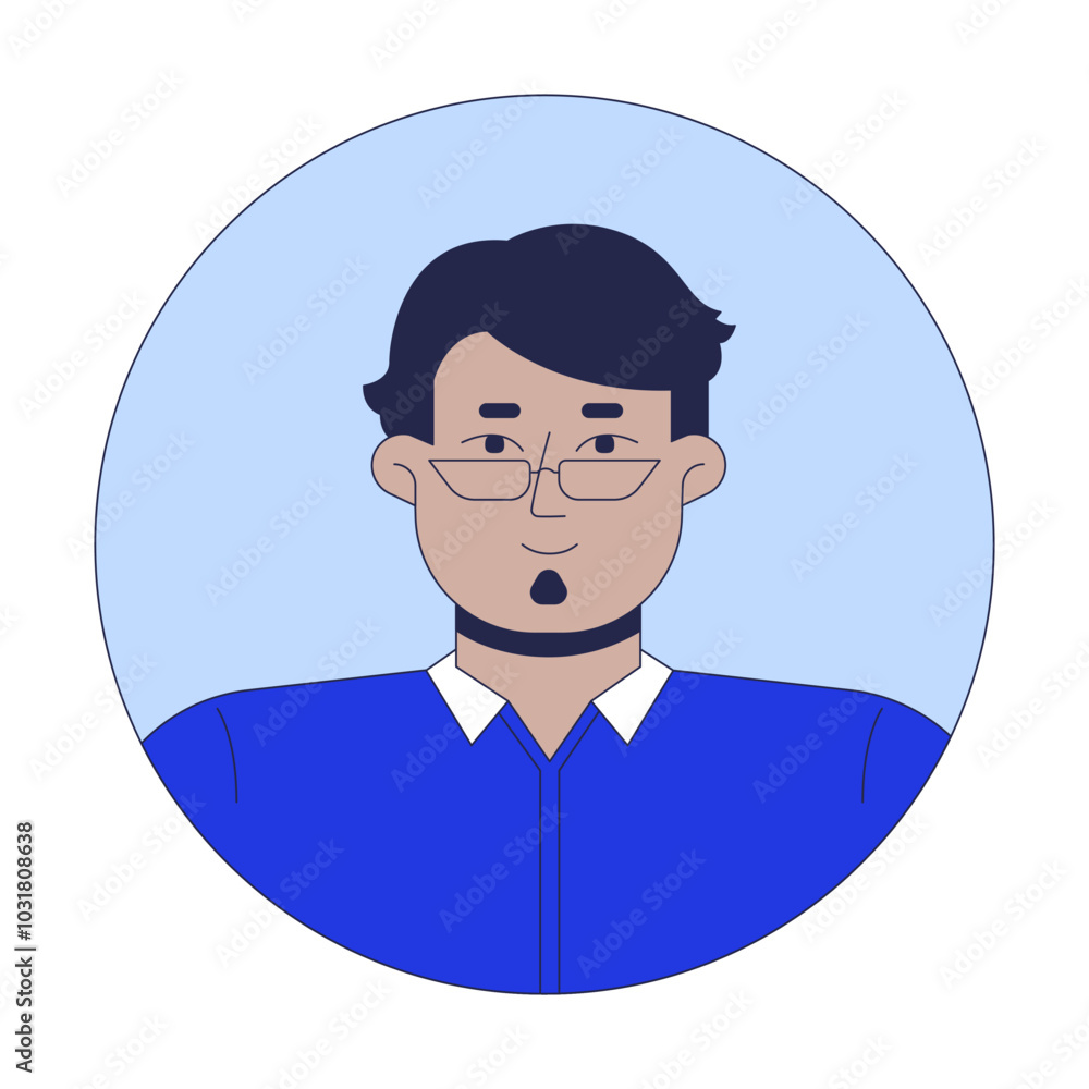 Middle aged arab man wearing eyeglasses 2D linear vector avatar illustration. Middle eastern guy soul patch beard cartoon character face portrait. Round frame flat user profile color image isolated Middle aged arab man wearing eyeglasses 2D linear vector avatar illustration. Middle eastern guy soul patch beard cartoon character face portrait. Round frame flat user profile color image isolated