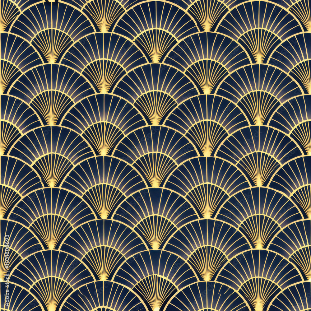 Art Deco seamless texture featuring elegant fan-shaped patterns in gold on a deep navy background, creating a luxurious and sophisticated design Art Deco seamless texture featuring elegant fan-shaped patterns in gold on a deep navy background, creating a luxurious and sophisticated design