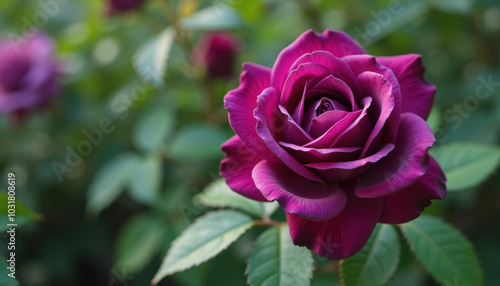 Vibrant purple rose in full bloom in garden