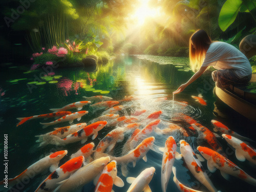 Serene pond scene featuring a person gently feeding tame koi fish by hand photo