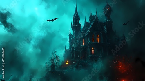 Spooky haunted castle shrouded in fog with glowing pumpkins and bats flying overhead.