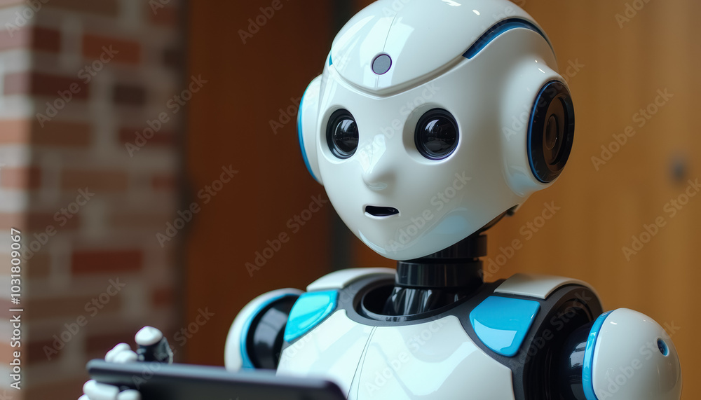 A white robot with a device in hand A white robot with a device in hand