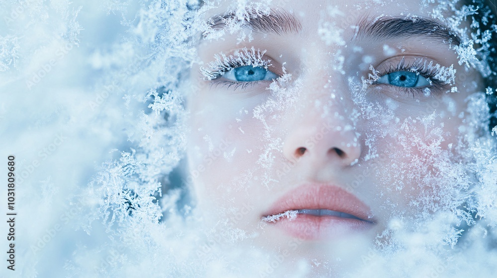 A close-up portrait of a serene person surrounded by frost and snow, with striking blue eyes and delicate features, evoking a sense of winter beauty. A close-up portrait of a serene person surrounded by frost and snow, with striking blue eyes and delicate features, evoking a sense of winter beauty.