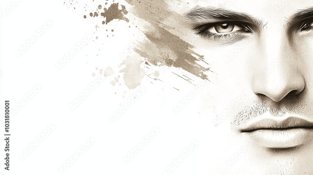 Obraz premium A monochrome image of a man's face with paint splatters adorning the wall behind