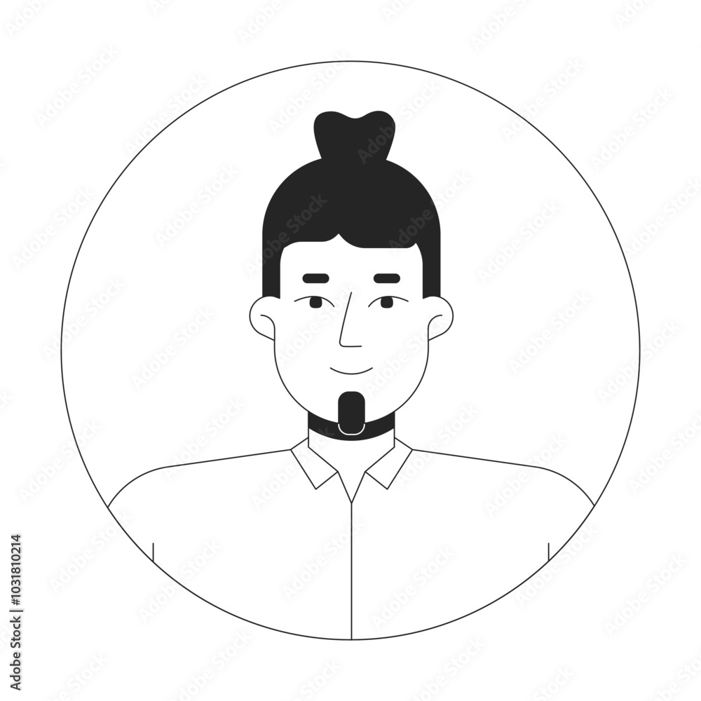 Caucasian bearded man bun black and white 2D avatar illustration. Manbun european guy smiling outline vector character face isolated. Head and shoulders. Round frame user profile image portrait Caucasian bearded man bun black and white 2D avatar illustration. Manbun european guy smiling outline vector character face isolated. Head and shoulders. Round frame user profile image portrait