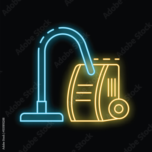 Neon sign of a vacuum cleaner glowing in blue and yellow on a dark background, perfect for concepts of cleaning service