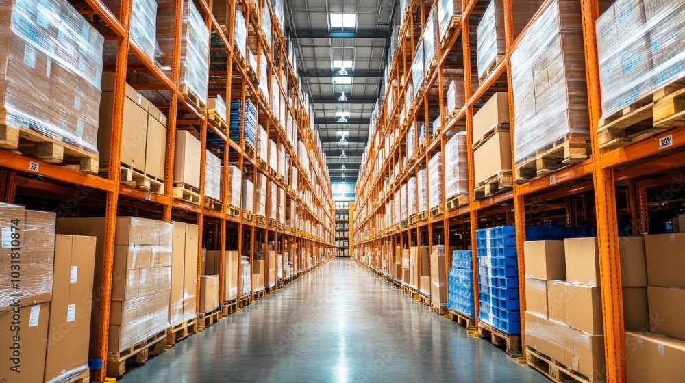 Fototapeta premium Warehouse Interior with Rows of Pallets and Cardboard Boxes
