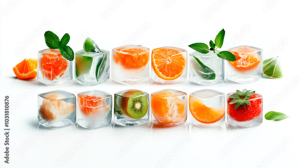 Frozen ice cubes with fruits, herbs on a white background. Freezing is a safe method. Home food concept. Bright light, trending shadows. Frozen ice cubes with fruits, herbs on a white background. Freezing is a safe method. Home food concept. Bright light, trending shadows.