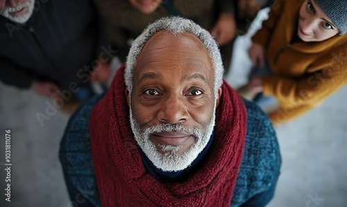  Abstract Top-Down View of Multicultural Retired Seniors Smiling at the Camera, Set Against a Creative Advertising Background Enhanced by AI Wallpaper, Capturing the Essence of Diversity and Joy in Re