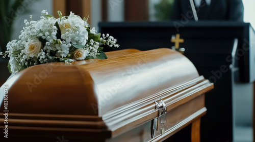 Casket adorned with flowers in a hearse at a funeral photo