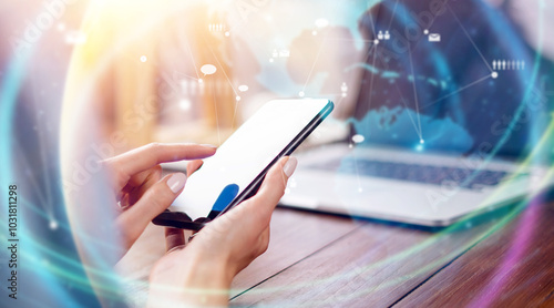 Close-up photo of female hands with smartphone. Concept of networking or remote work. Global business network.