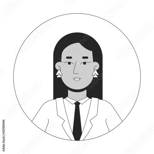 Modern middle eastern businesswoman black and white 2D avatar illustration. Office manager lady suit outline vector character face isolated. Head and shoulders. Round frame user profile image portrait