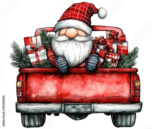 Santa with gifts in a red truck illustration, Watercolor illustration of Santa sitting in the back of a red truck filled with Christmas gifts and pine branches, conveying festive holiday spirit.

