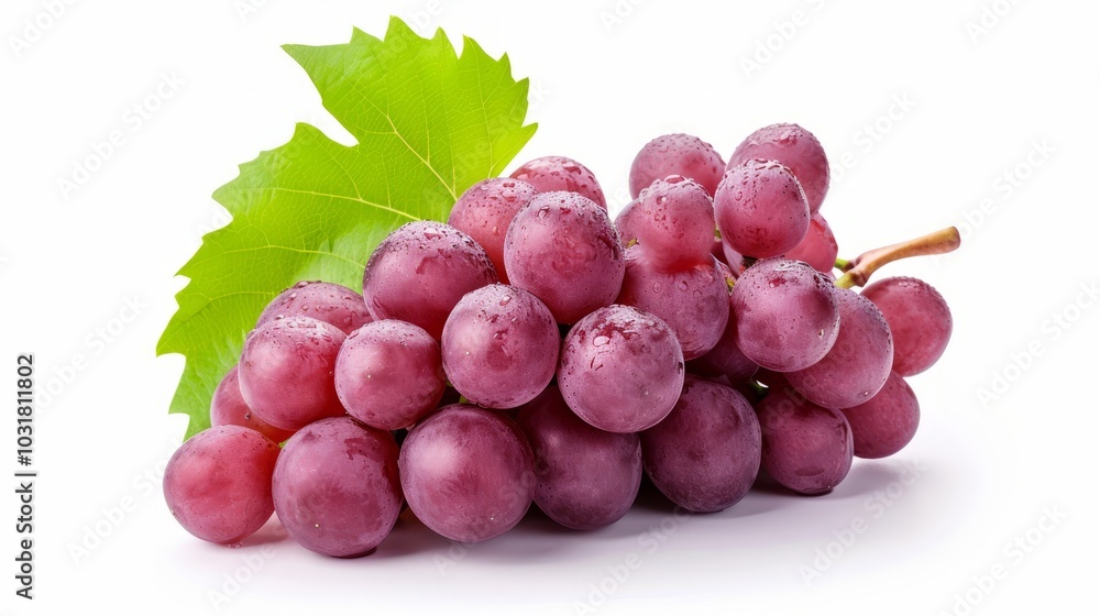 Fototapeta premium Crimson Elegance: Isolated Red Grapes with Leaves Dancing on a Blank Canvas --