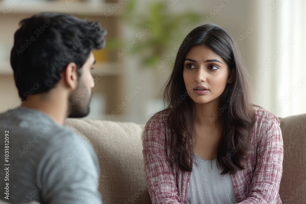 Indian woman calming upset offended guy, support and caring, sitting on sofa at home, free space. Sorry after quarrel, relationship problems, bad news, Generative AI Indian woman calming upset offended guy, support and caring, sitting on sofa at home, free space. Sorry after quarrel, relationship problems, bad news, Generative AI