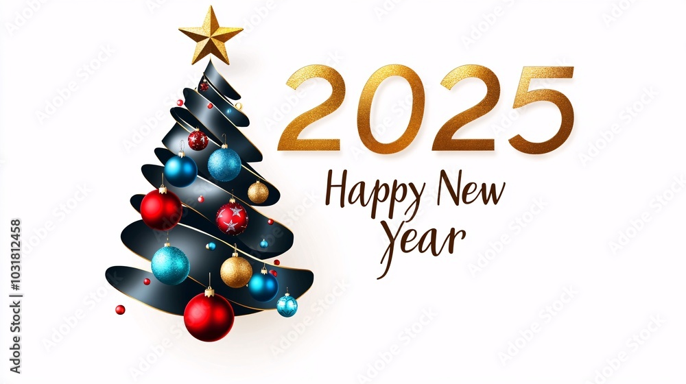 Festive Christmas tree design with ornaments and a golden star, celebrating the New Year 2025 with vibrant colors and cheerful atmosphere. Festive Christmas tree design with ornaments and a golden star, celebrating the New Year 2025 with vibrant colors and cheerful atmosphere.