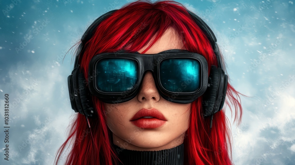 Woman with red hair, donning headphones, and goggles over her eyes Woman with red hair, donning headphones, and goggles over her eyes