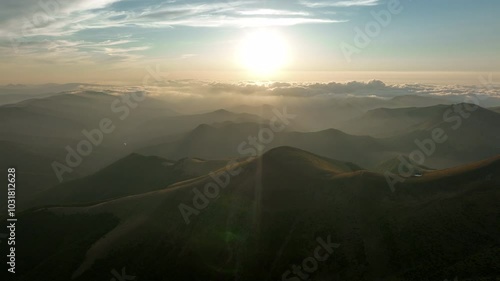Aerial drone view of a beautiful sunset in the Pyrenees mountains in a summer day