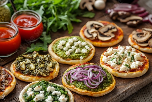 Assorted mini pizzas with various toppings on board