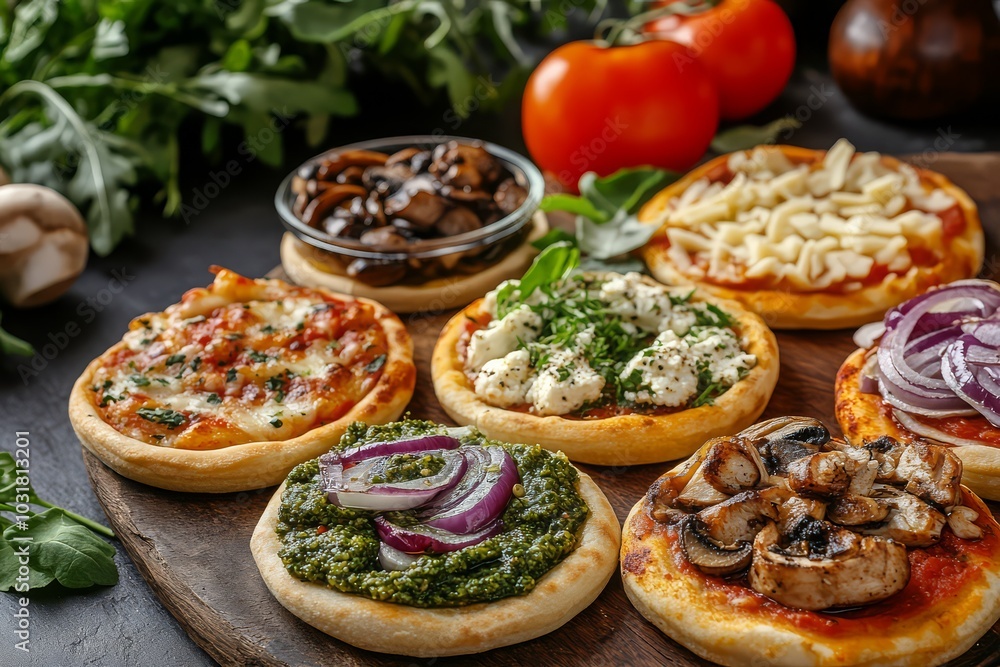 Assorted mini pizzas with various toppings on board Assorted mini pizzas with various toppings on board