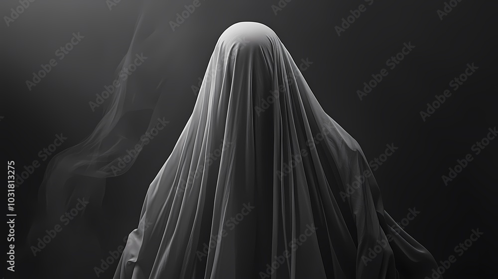 Mysterious figure draped in a flowing white fabric against a dark, smoky background. Mysterious figure draped in a flowing white fabric against a dark, smoky background.