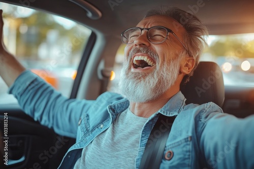 Wallpaper Mural Overjoyed middle aged man in casual outfit enjoying car ride alone, listening to music, singing songs and dancing while driving auto, Generative AI Torontodigital.ca