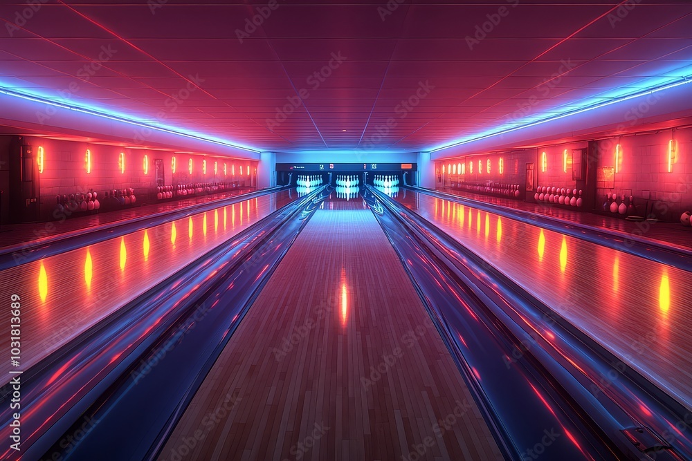 Fototapeta premium Bowling alley with neon lights and purple ball