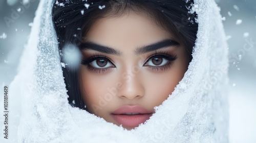  A tight shot of a woman in a veil, her face partially hidden Snow-covered hood obscuring the rest