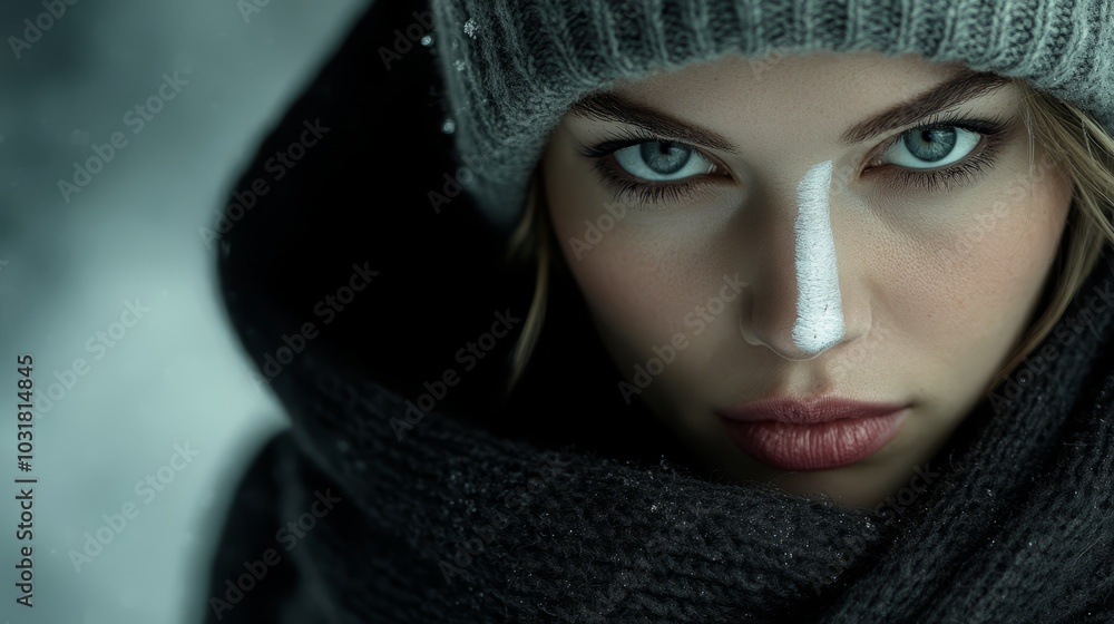 A woman dons a scarf, knitted hat, and scarf around her neck, featuring a nose piercing A woman dons a scarf, knitted hat, and scarf around her neck, featuring a nose piercing