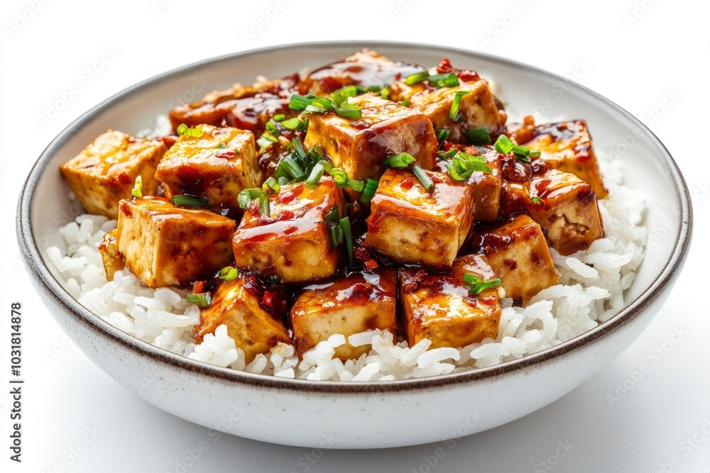 stir fried tofu with spicy sauce on rice isolated on white background - generative ai stir fried tofu with spicy sauce on rice isolated on white background - generative ai