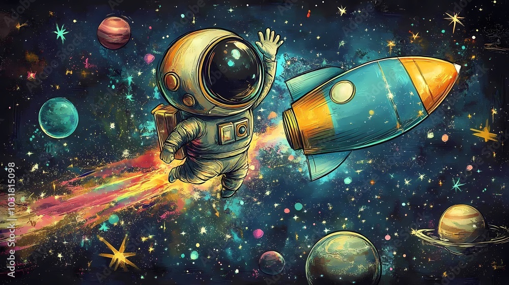 A colorful astronaut waving alongside a cartoonish rocket in vibrant space. A colorful astronaut waving alongside a cartoonish rocket in vibrant space.