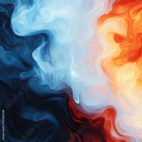 Abstract swirling pattern blending cool and warm colors on a smooth background.