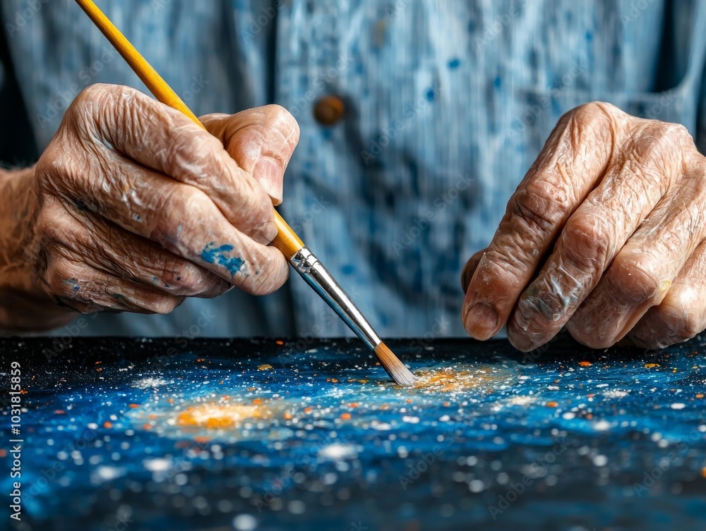 Close-up of an elderly person painting the night sky with stars, each stroke creating new constellations in an exaggerated, impossible way Close-up of an elderly person painting the night sky with stars, each stroke creating new constellations in an exaggerated, impossible way