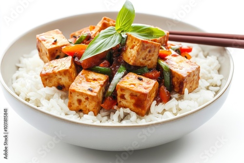 stir fried tofu with spicy sauce on rice isolated on white background - generative ai