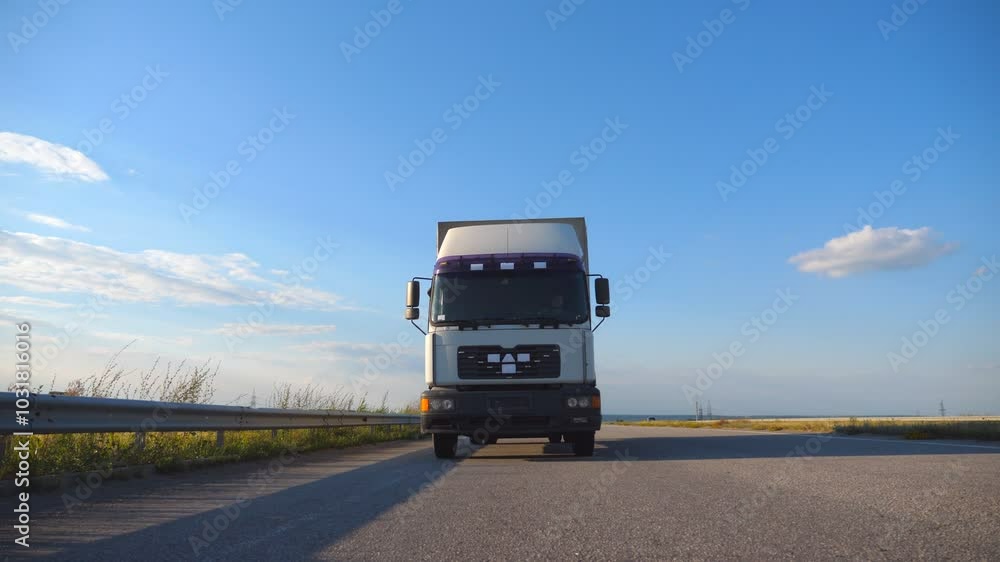 Front view of truck driving on a highway. Lorry rides through the countryside with beautiful landscape at background. Slow motion Close up Front view of truck driving on a highway. Lorry rides through the countryside with beautiful landscape at background. Slow motion Close up
