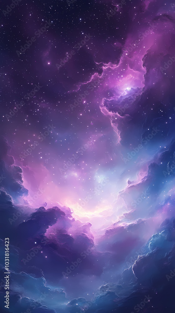 Fototapeta premium A vibrant cosmic scene filled with deep purples and blues, evoking wonder and serenity.