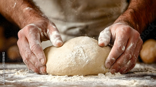 A Dedicated Baker Kneading Dough to Craft Delicious Artisan Bread in a Warm Rustic Kitchen Filled with Tempting Baking Scents