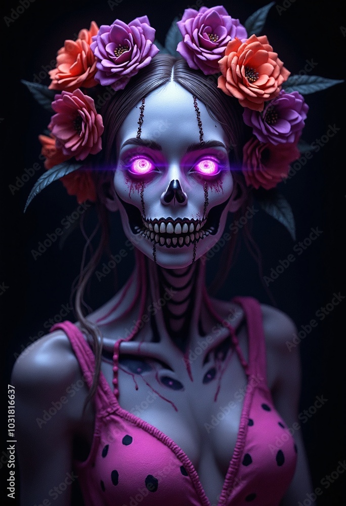 A female humanoid creature with bright purple eyes, flowers around his head A female humanoid creature with bright purple eyes, flowers around his head
