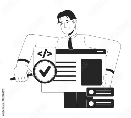 Tester searching bug in software black and white 2D illustration concept. Developer engineer holding magnifying glass outline character isolated. Syntax code assessment metaphor monochrome vector art