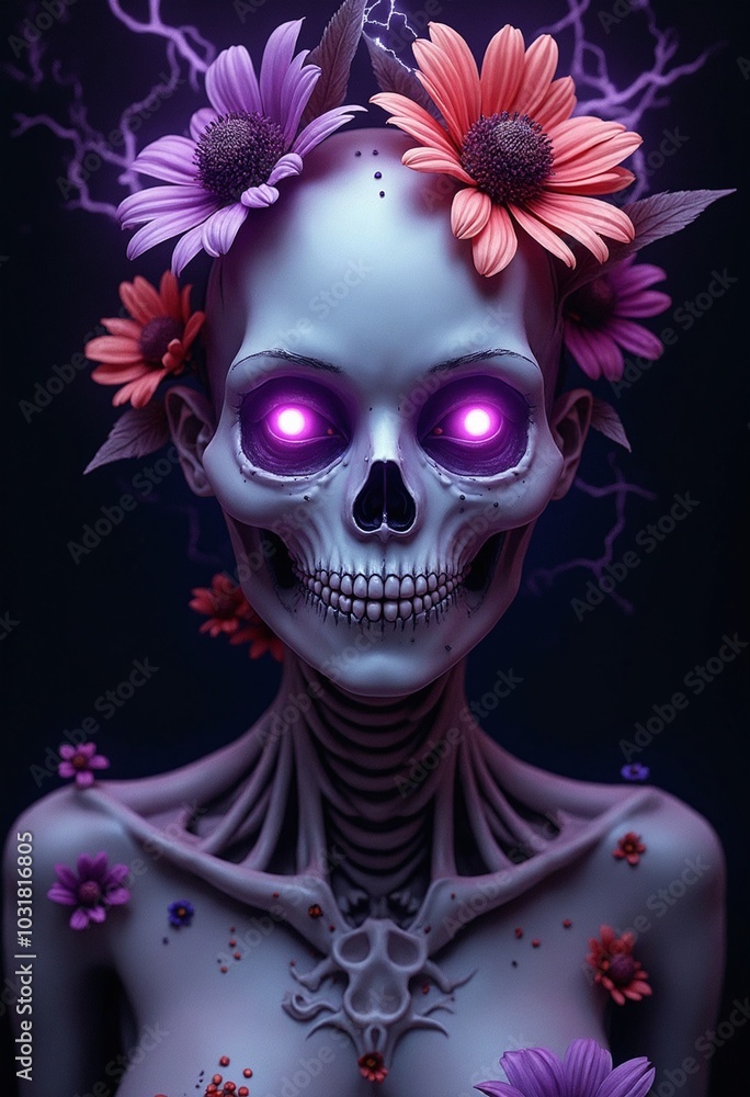 A female humanoid creature with bright purple eyes, flowers around his head A female humanoid creature with bright purple eyes, flowers around his head