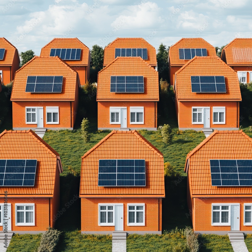Obraz premium Row of solar-powered orange houses on a hillside against a cloudy sky.