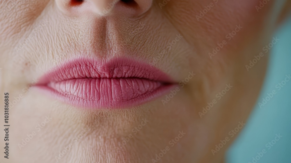 Obraz premium pink lipstick on lips against blue background