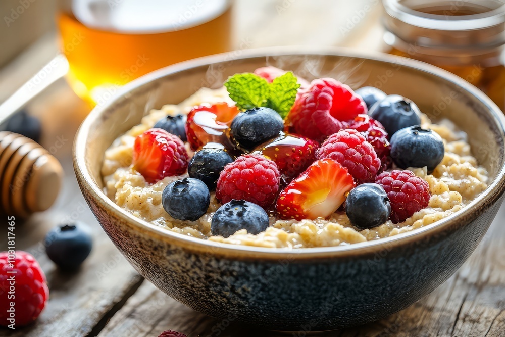 Steaming bowl of oatmeal with fresh berries and honey Steaming bowl of oatmeal with fresh berries and honey