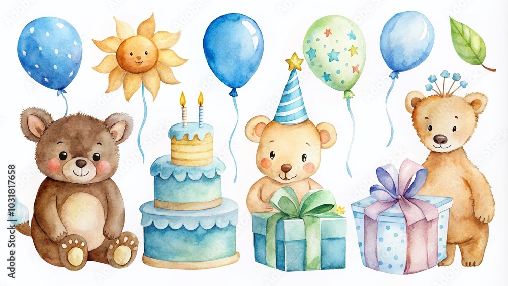 Obraz premium Watercolor Hand Painted Baby Boy Birthday Illustrations for Unique Celebrations