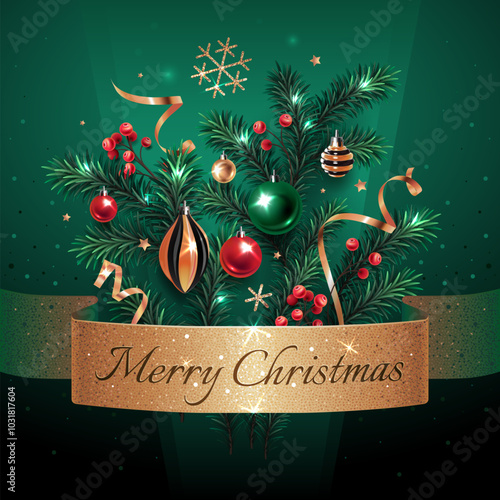Square banner with gold and red Christmas symbols and text. Christmas tree, balls, candy, golden ribbons and snowflakes on a green background.
