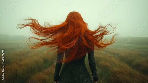 A person standing in a breezy landscape, with cherry red hair blowing wildly in the wind