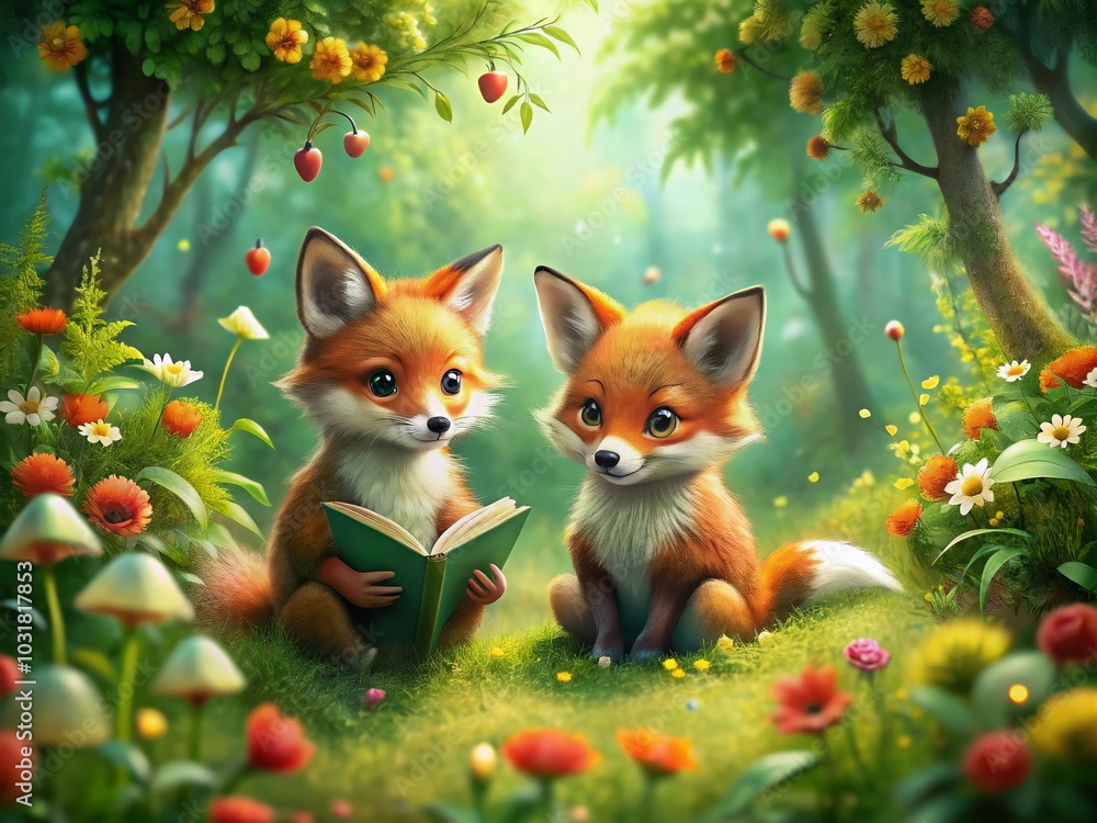 Fototapeta premium Watercolor Illustration of Forest Red Foxes Reading a Book - Ideal for Kids' Room Decor