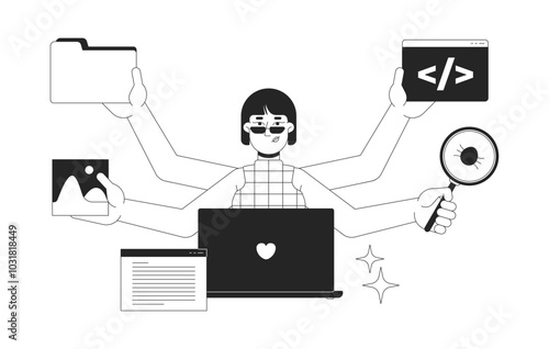 Full stack developer job black and white 2D illustration concept. Frontend and backend engineer woman with multi hands outline character isolated. Coder programmer metaphor monochrome vector art